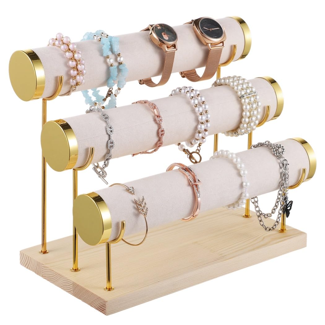 Soporte para pulsera, soporte de exhibición desmontable de 3 niveles, organizador de joyas de escritorio, soporte de joyería de terciopelo con base de madera, para brazaletes, relojes, collares