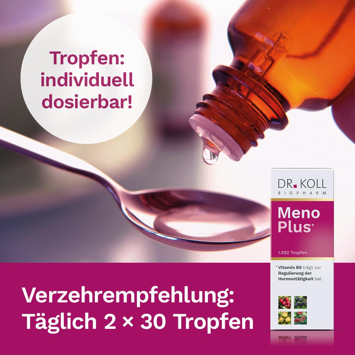Meno Plus von Dr. Koll - Natürliche Unterstützung während der Menopause mit Vitaminen und Pflanzenextrakten, 50 ml
