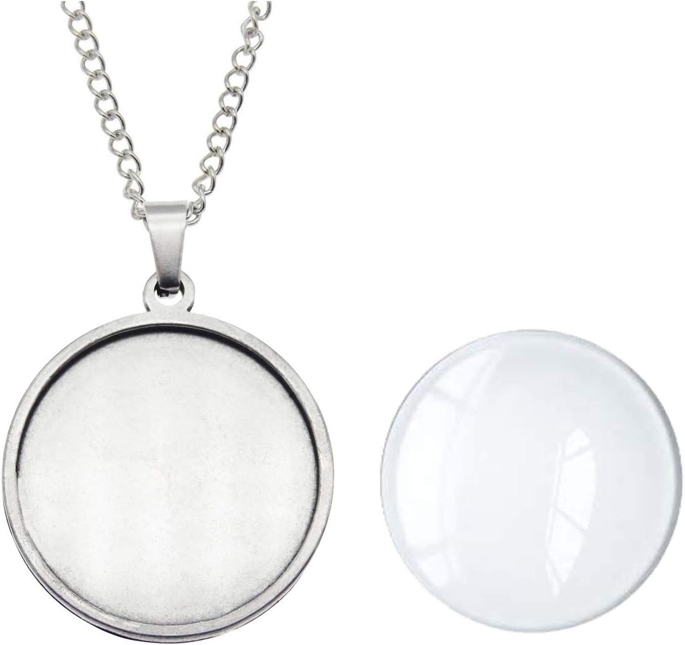 Julie Wang 10 Sets Stainless Steel Bezel Tray Pendant with Glass Cabochons and Chain for Resin Photo Jewelry Necklace Making Round 30mm