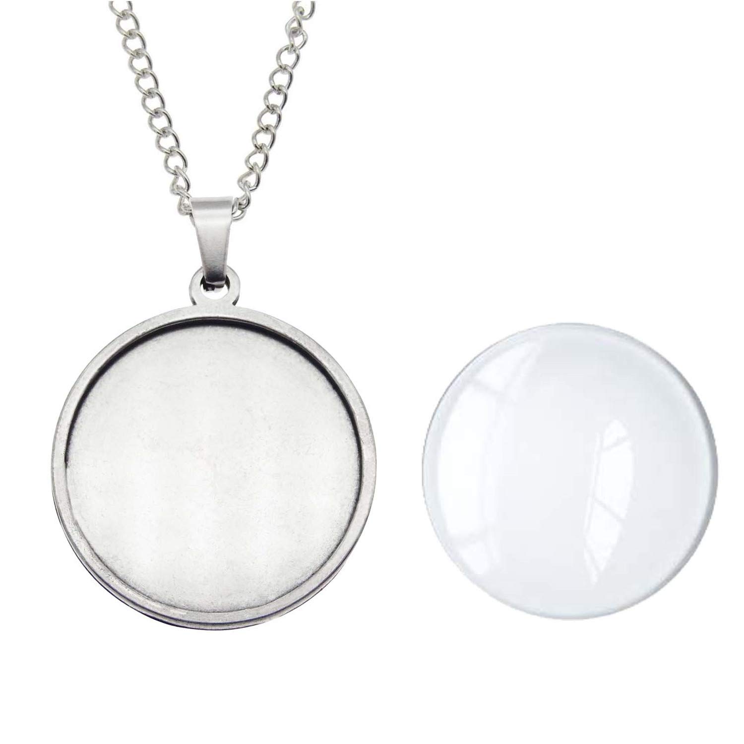 Julie Wang 10 Sets Stainless Steel Bezel Tray Pendant with Glass Cabochons and Chain for Resin Photo Jewelry Necklace Making Round 30x30mm