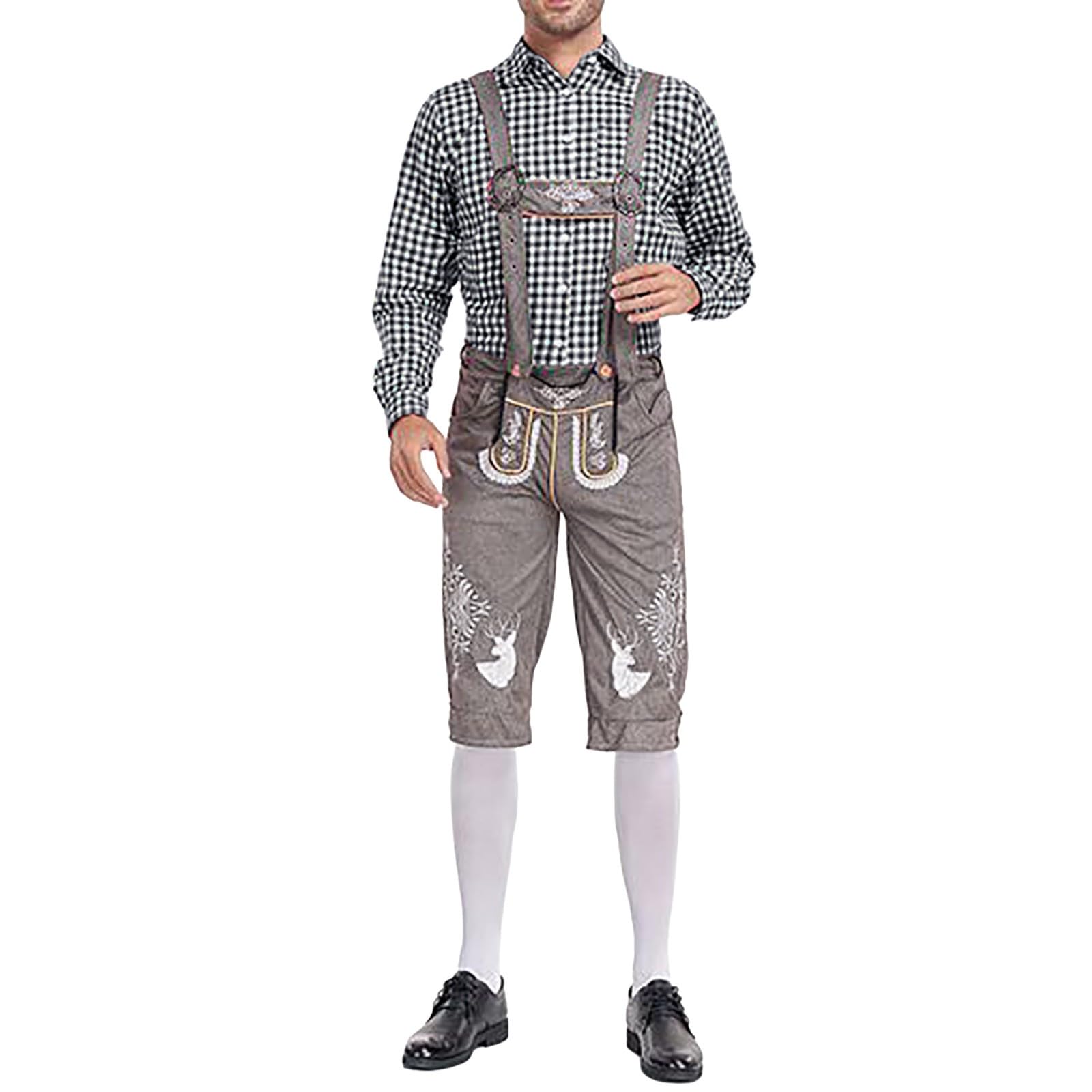 Bayerische Trachtenlederhose Set, Oktoberfest Herren Outfit, Lederhosen + Trachtenhemd Herren Deutsch Bayern Oktoberfest Kostüm Set Kariertes Deutsches Bayerisches Oktoberfest-Kostüm Set Für Herren
