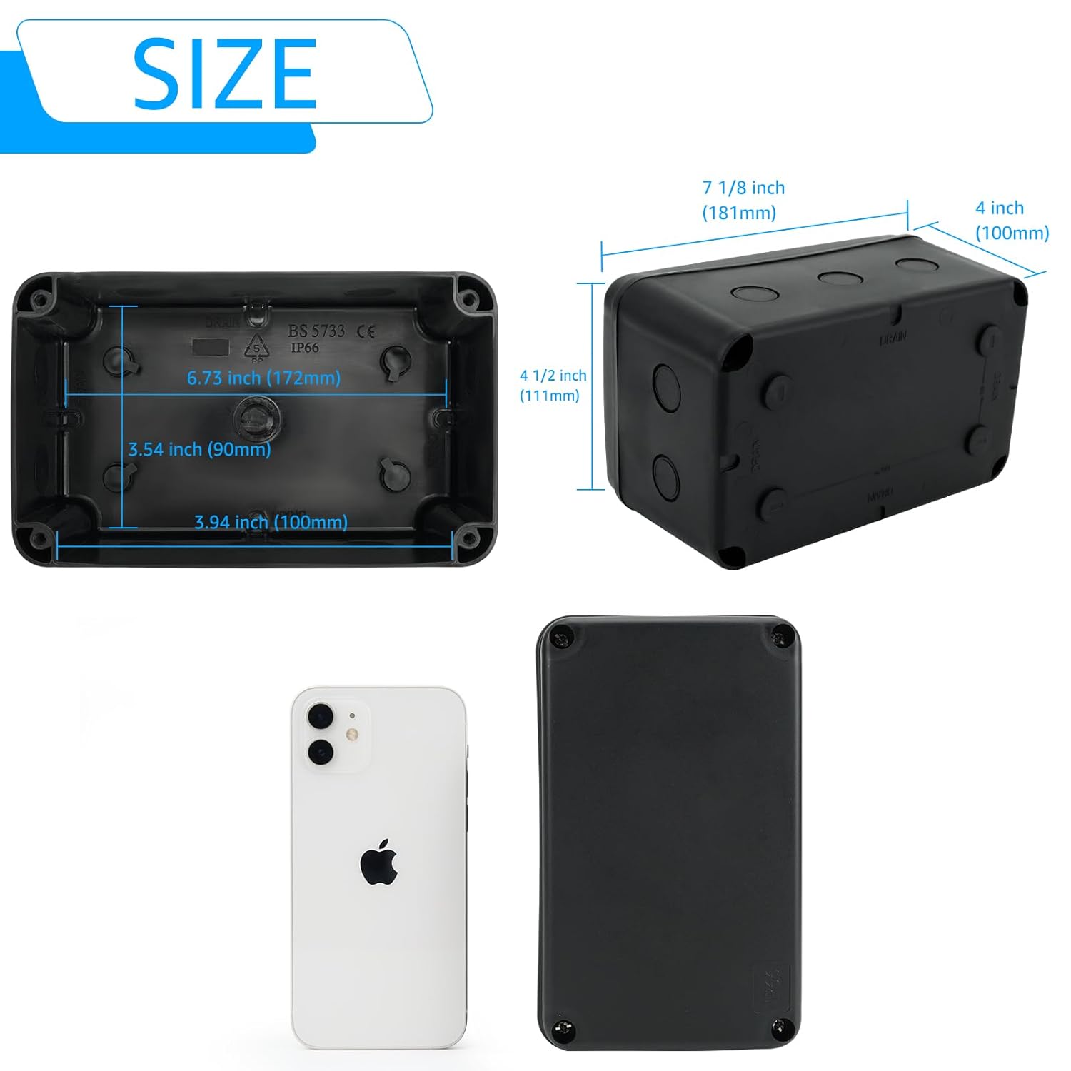SuperInk Waterproof Electrical Junction Box Outdoor Black, IP66 Plastic Enclosure 7.1"x4.5"x4" (181x111x100mm), Weatherproof Project Box with M20 Cable Gland Entry, ABS Case for Garden, Workshop, DIY