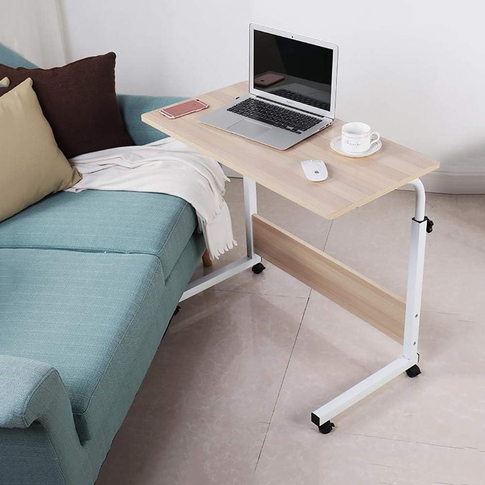 YOKIA Height Adjustable Mobile Side Table with Tablet Slot & Wheels Movable Portable Workstation Laptop Computer Stand for Bed Sofa (White Maple)