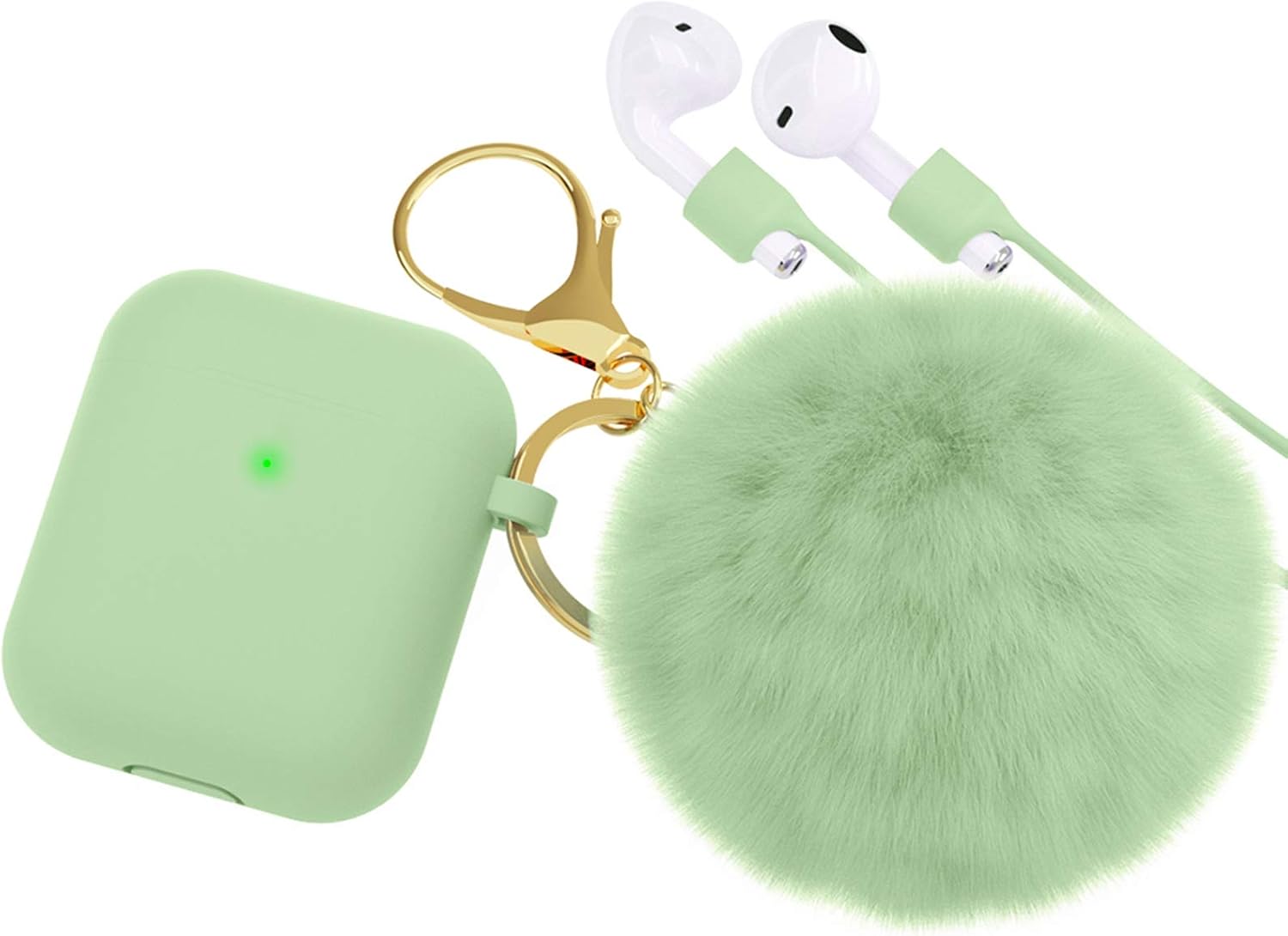 BRG for AirPods Case,Soft Cute Silicone Cover for Apple Airpods 2 & 1 Cases with Pom Pom Fur Ball Keychain/Strap/Accessories for Women Girls (Front LED Visible) Mint Green