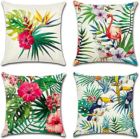 Artscope Set of 4 Decorative Cushion Covers 45x45cm, Tropical Plants Waterproof Throw Pillow Covers, Perfect to Outdoor Patio Garden Bench Living Room Sofa Farmhouse Decor