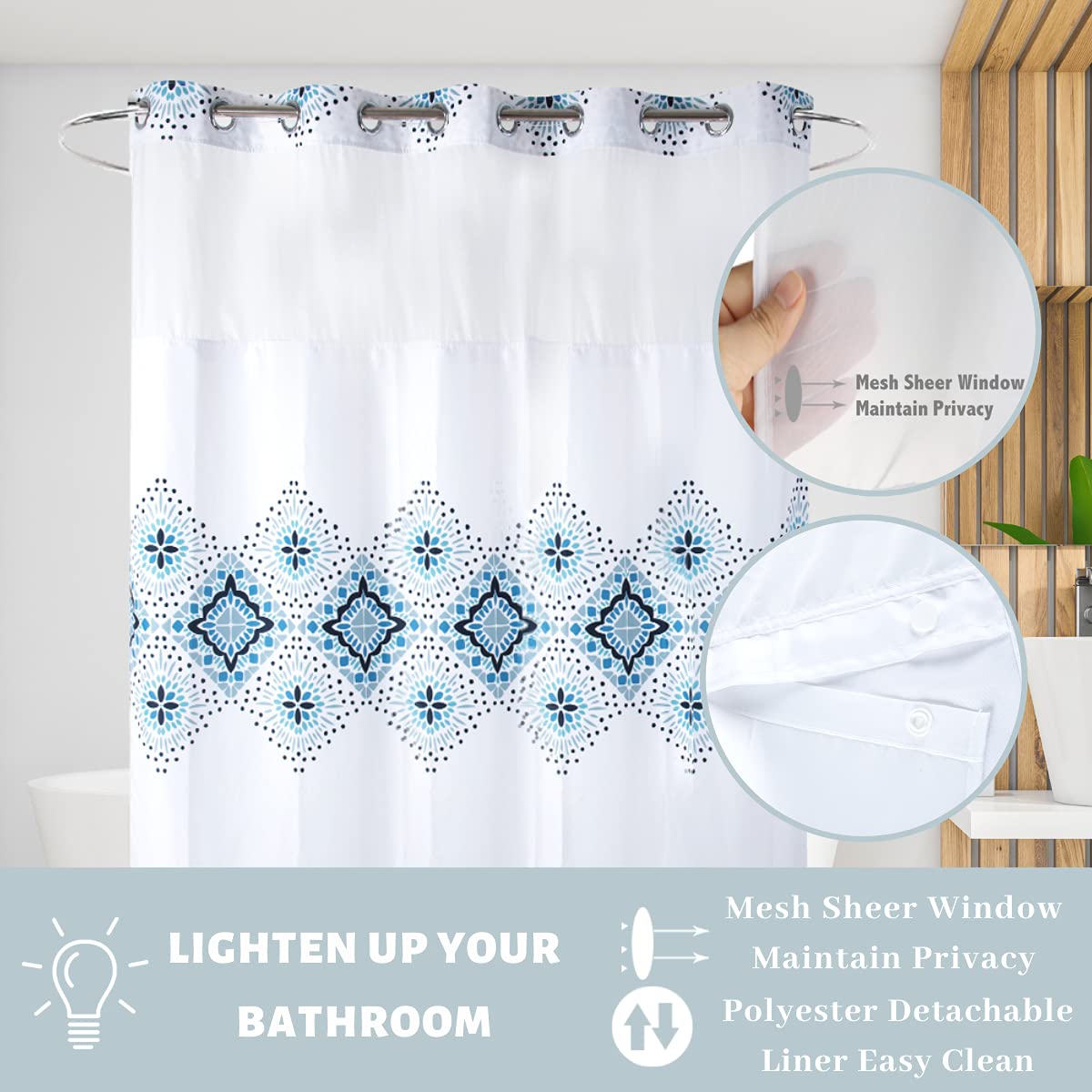 Cortina de ducha de tela de grado hotelero de 71 pulgadas de ancho x 74 pulgadas de alto, sin ganchos, con forro de imanes de repuesto, estilo bohemio blanco y azul, 100% impermeable, lavable