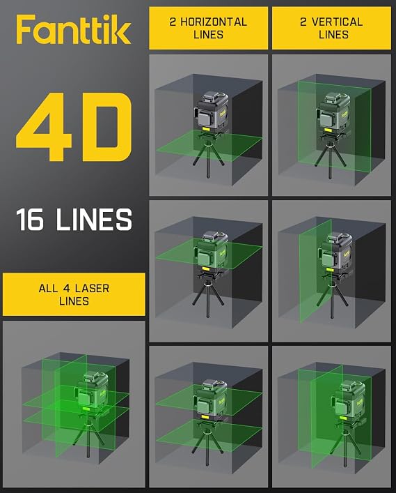 Fanttik D16 APEX Professional Laser Level 4 x 360, 16 Lines Self-Leveling Cross Line Laser with LED Screen for Construction, 5200 mAh Battery Rechargeable, Magnetic Support and Shoulder Bag