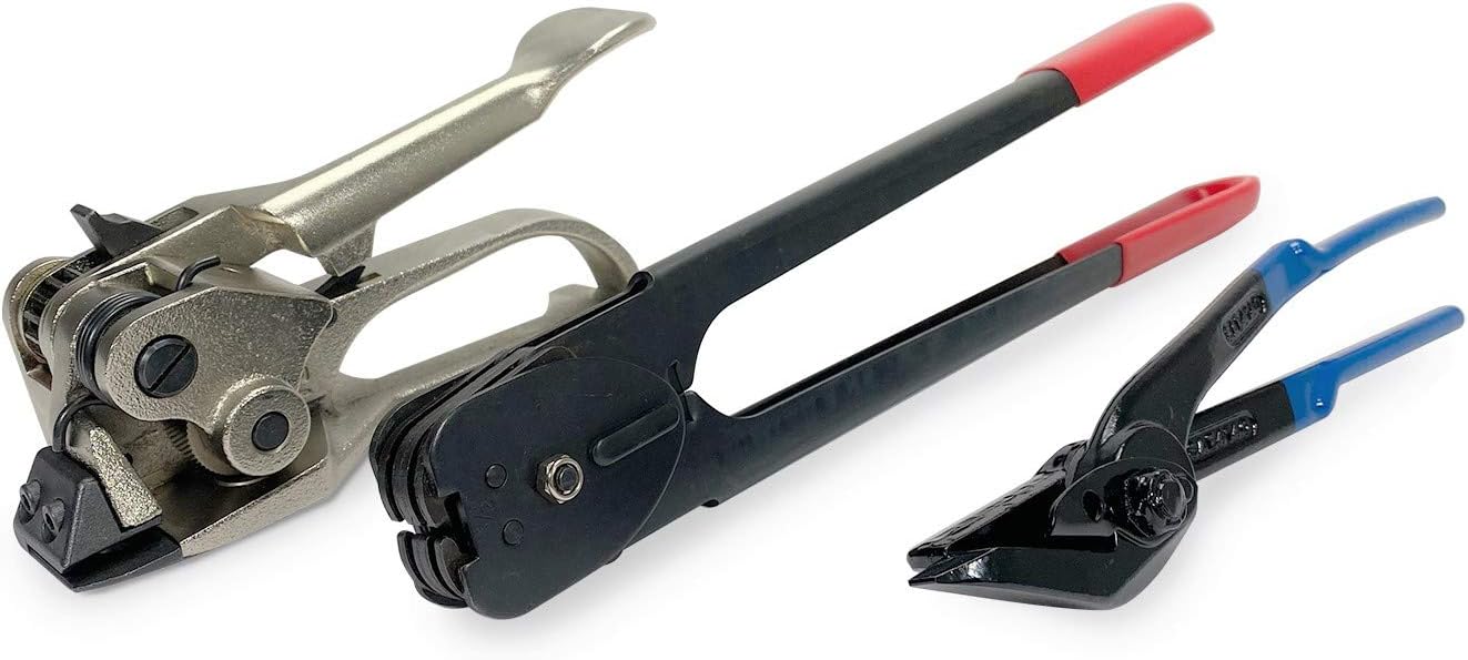 IDL PackagingRound Packages Strapping Tool Set for 5/8" Steel Strapping, 1400 lbs Break Strength – Tensioner, Sealer, Cutter for Metal Banding – Packaging Strapping Tool Kit to Secure Heavy Packages