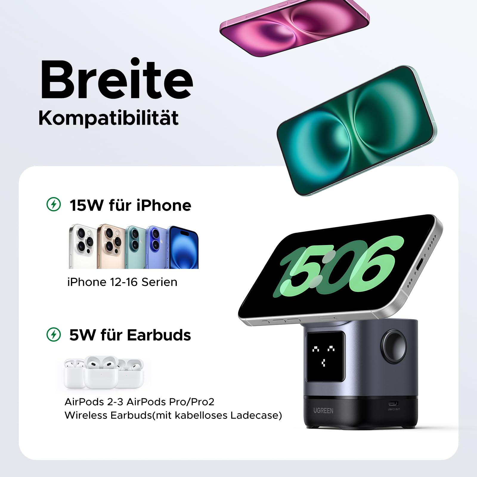 UGREEN UNO 2 in 1 Qi2 zertifizierte Ladestation, 15W iPhone Ladestation kompatibel mit MagSafe, magnetisches Wireless Charger für iPhone 17/16/15/14/13, AirPods 2/3, Winkel-Einstellbarer Ladeständer