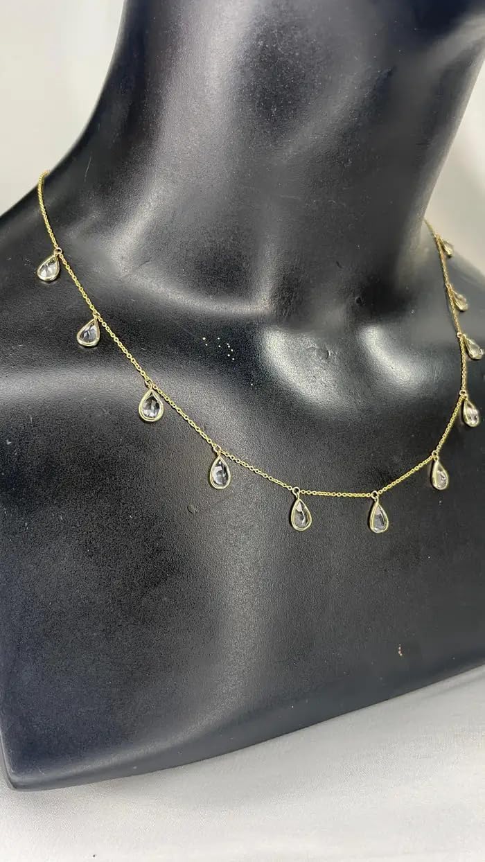 VR Jewels Crystal Dainty Drop Necklace, 18k Solid Yellow Gold, Handmade Bezel Chain, Gift for Girlfriend or Mom