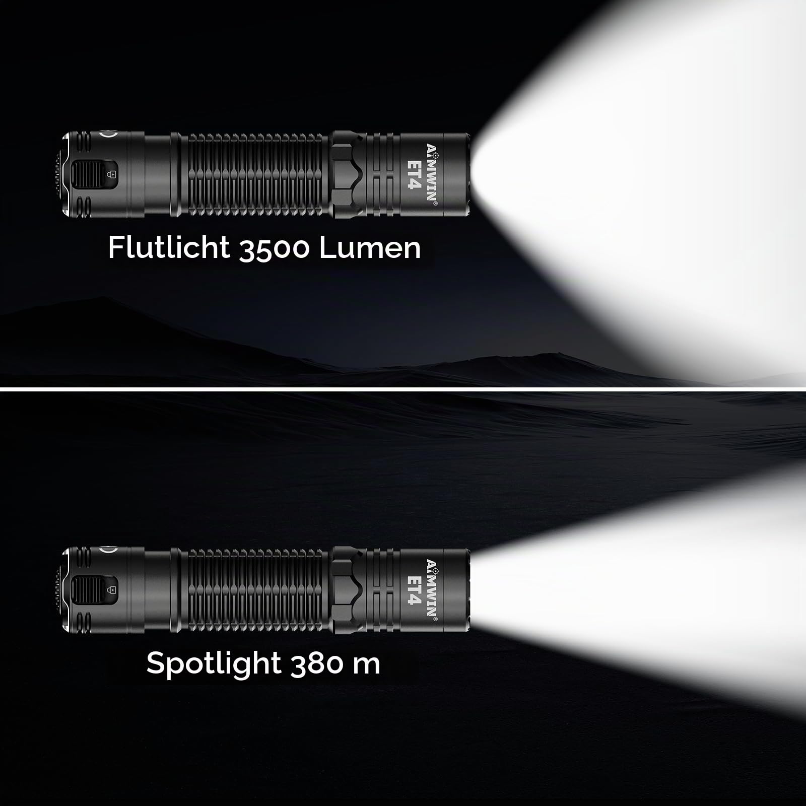AIMWIN ET4 EDC Taktische Wiederaufladbare Taschenlampe 3500 Lumen 380m Reichweite 4 Helligkeitsstufen mit Sofort-Such-/Turbo-Modi Ein-Klick-Heckschalter USB-C Schnellladung Kompakte Handtaschenlampe