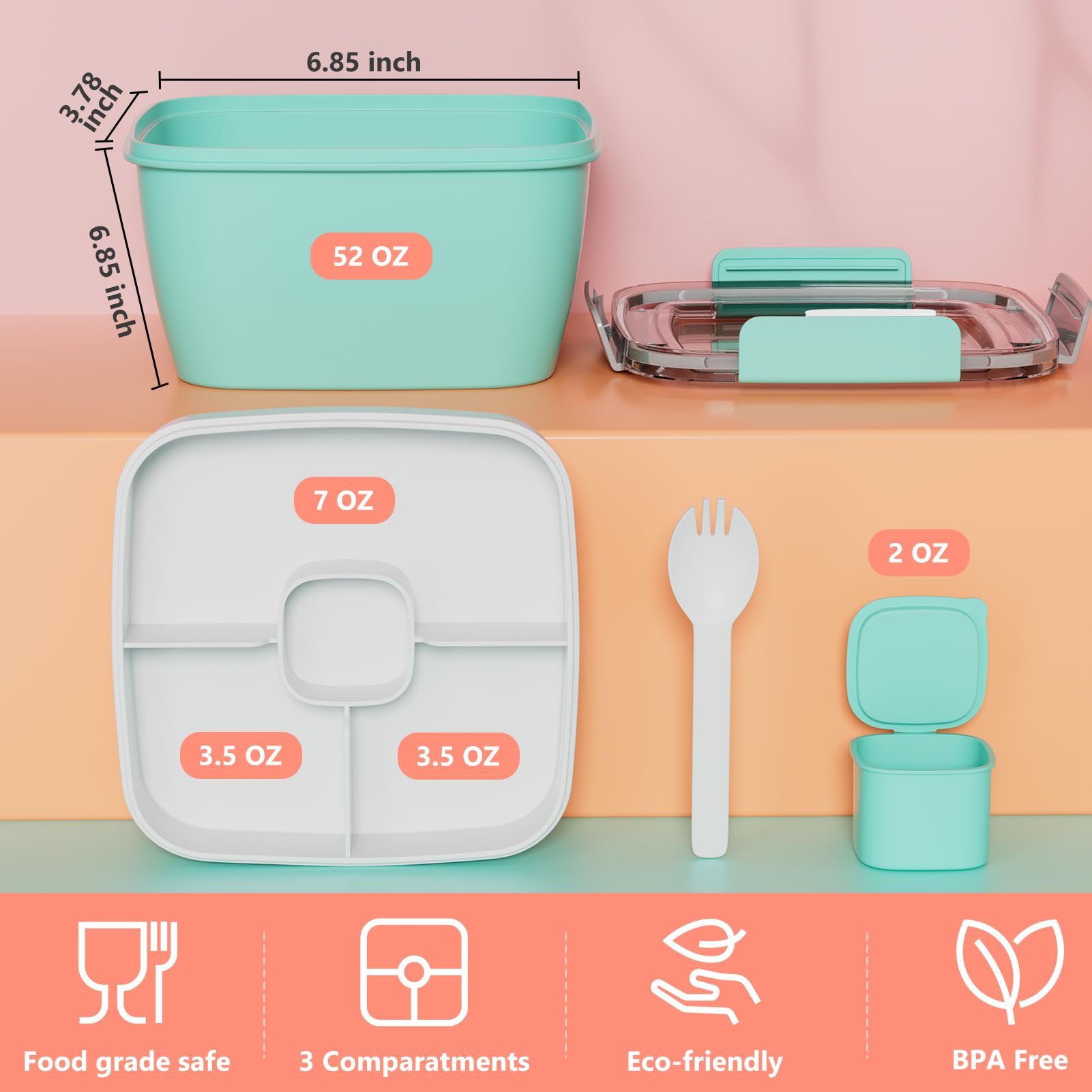 Cherrysea Contenedor de almuerzo para ensalada, paquete de 2 cuencos de ensalada con bandeja de 3 compartimentos, lonchera a prueba de fugas con tenedor para hombres, mujeres, contenedor de aperitivos