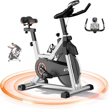 Exercise Bike, Adjustable Stationary Bikes for Home with Brake Pad Silent Belt Drive, 400LB Weight Capacity Indoor Cycling Bike with Upgraded Comfortable Seat, Tablet & Water Bottle Holder Gray