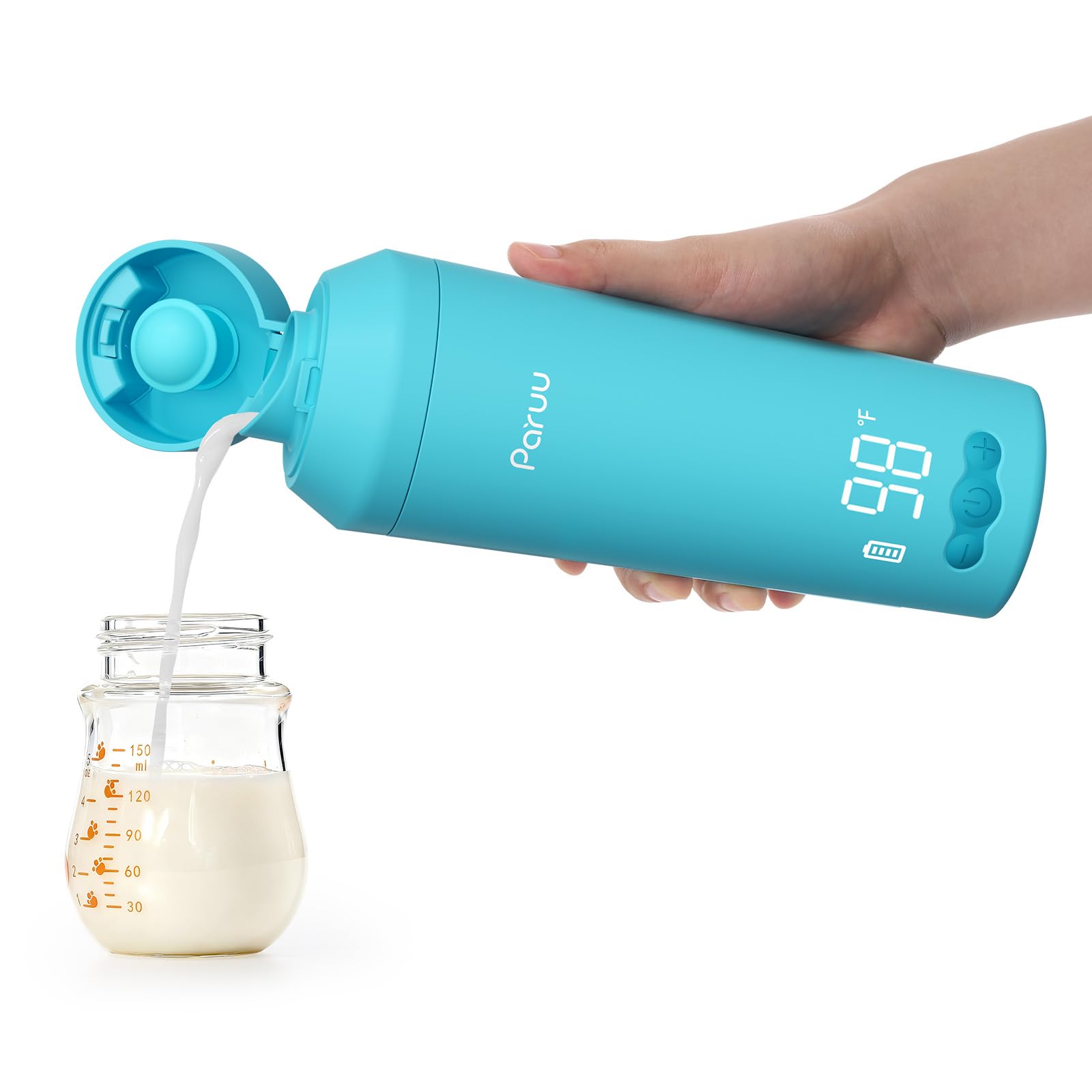 Paruu Tragbarer Flaschenwärmer Baby Unterwegs, Leicht zu Reinigende Weite Öffnung, Schnellaufheizen in 2 Min, 7-Stufige Temperaturregelung, 30W-Schnellladung, 350ml Kapazität, Hellblau