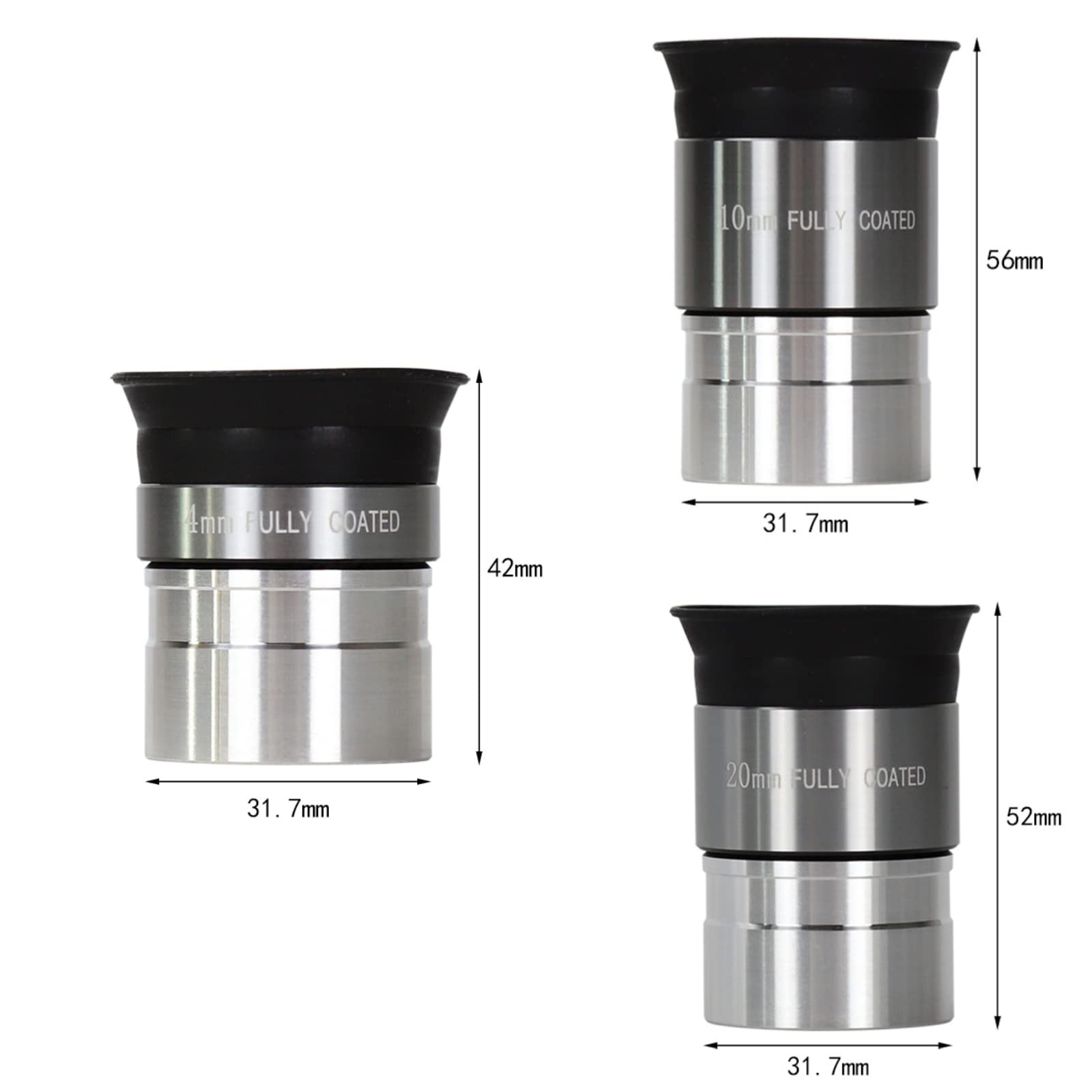 Lot de 3 Oculaires Accessoires de Télescope 3,2 cm Grand Angle de 62 Degrés 4 mm, 10 mm, 20 mm pour Télescope Astronomique (Argenté)