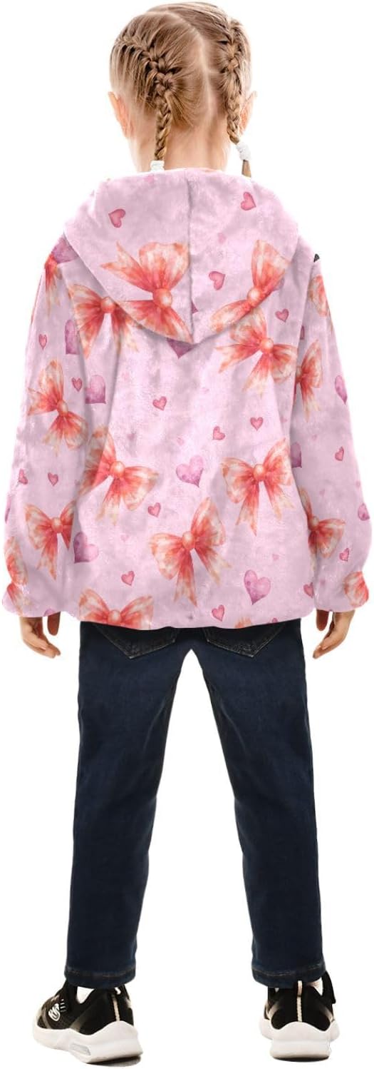 Girls Hoodie Outfit Red Bow Purple Hearts Pink Pattern Zipper Sweatshirt Coat Fleece Jacket for Kids 3-10T