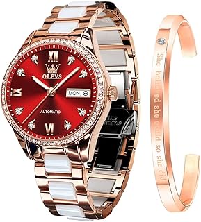 OLEVS Armbanduhr für Damen, automatisch, selbstaufziehend, mechanisch, großes Zifferblatt, zweifarbiges Edelstahl-Keramik-Armband, Herz, Diamant, modisch, luxuriös, Keramikband, leuchtend, wasserdicht