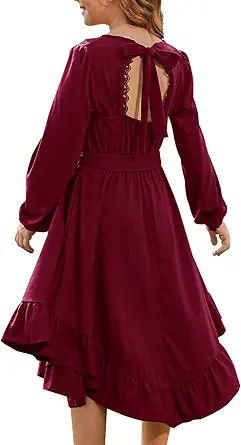 Girls Boho Dress Teen Long Sleeve Lace Backless Tie Back High Low Swing Pocket Dresses with Belt Size 5-16 Years