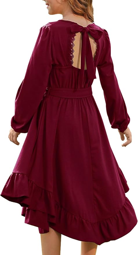 Girls Boho Dress Teen Long Sleeve Lace Backless Tie Back High Low Swing Pocket Dresses with Belt Size 5-16 Years