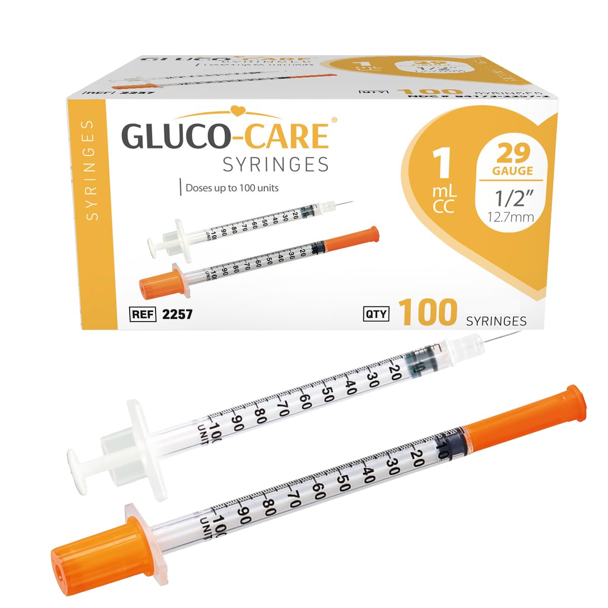 GLUCO-CARE Jeringas de 1 ml/cc de 29 g x 12,7 mm, 100 unidades por caja