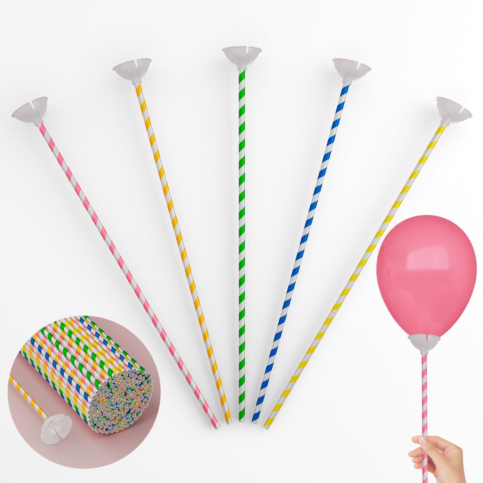 YALLOVE Paper Balloon Sticks, 100 Pcs Striped Assorted Colors Balloon Holder And Cups For Birthday, Baby Shower Decoration