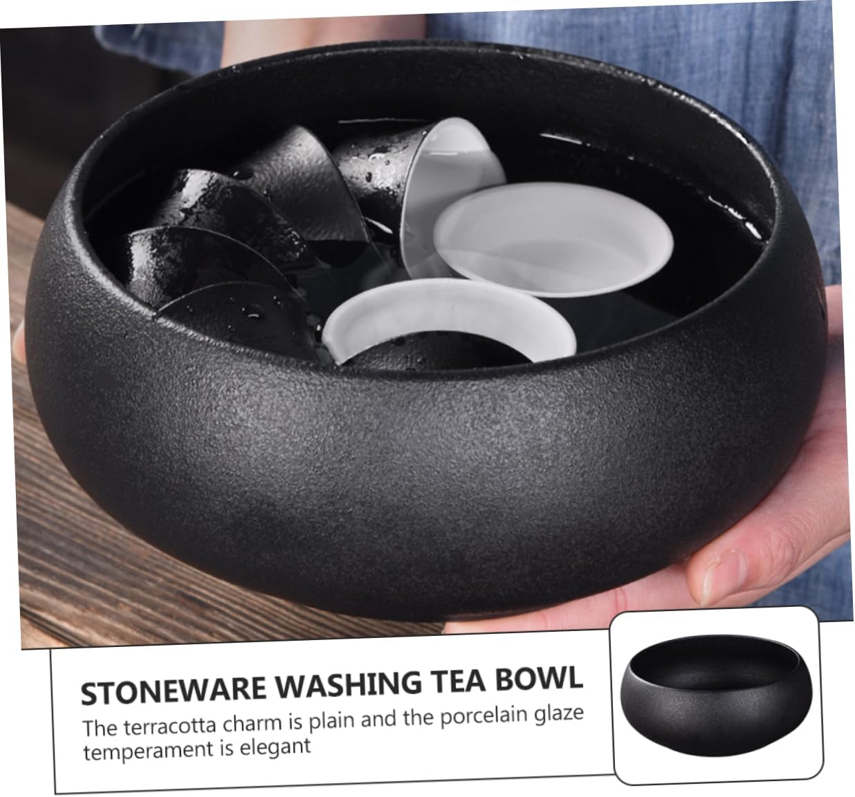Unomor Black Pottery Tea Wash Bowl Chinese Tea Ceremony Accessory with Smooth Rim for Home Travel