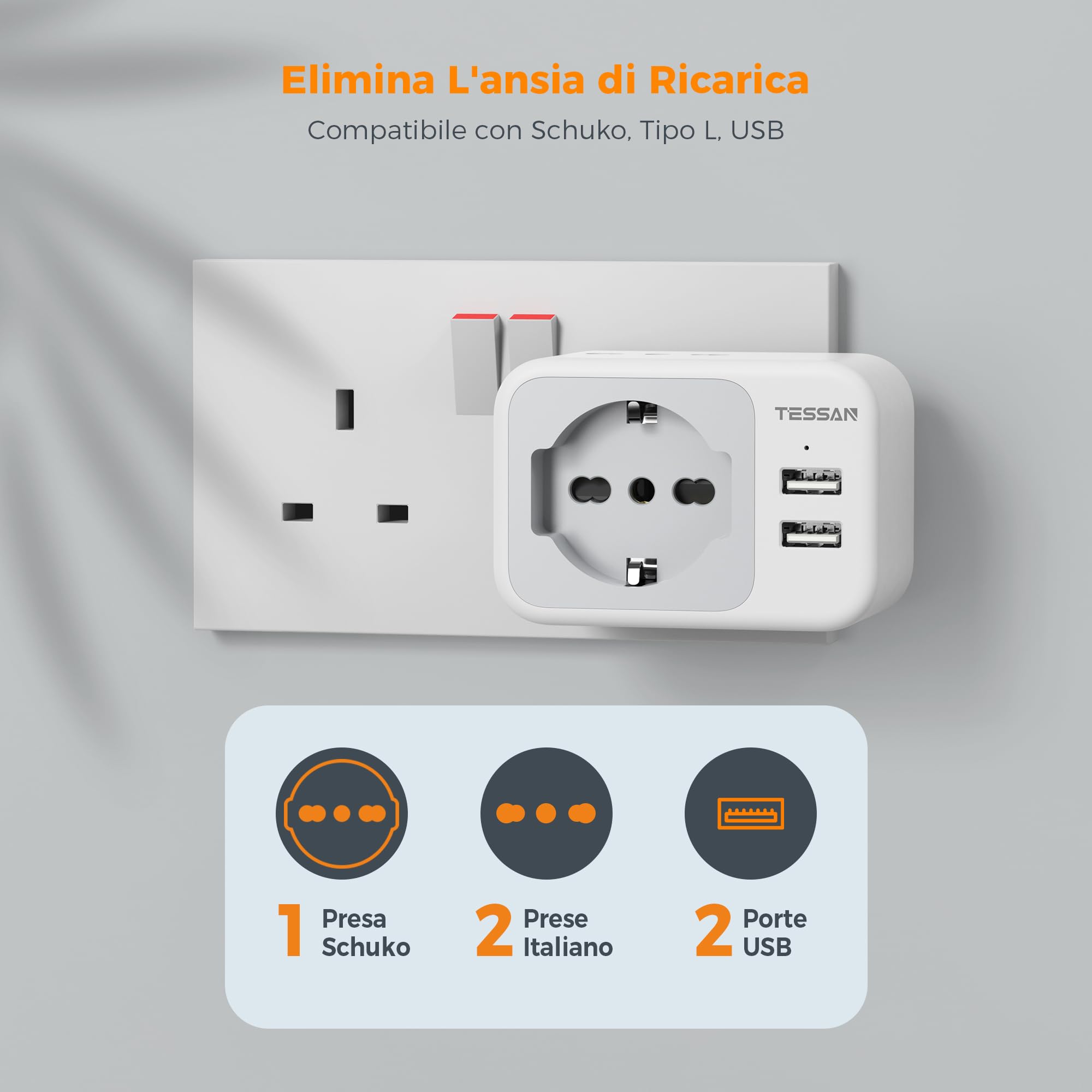 TESSAN Adattatore Presa Inglese con 2 USB, Adattatore Spina Inglese Italiana con 2 Prese IT e 1 Presa Schuko per Gran Bretagna, Irlanda, Gambia, 3250W Italiana, Spina Tipo G