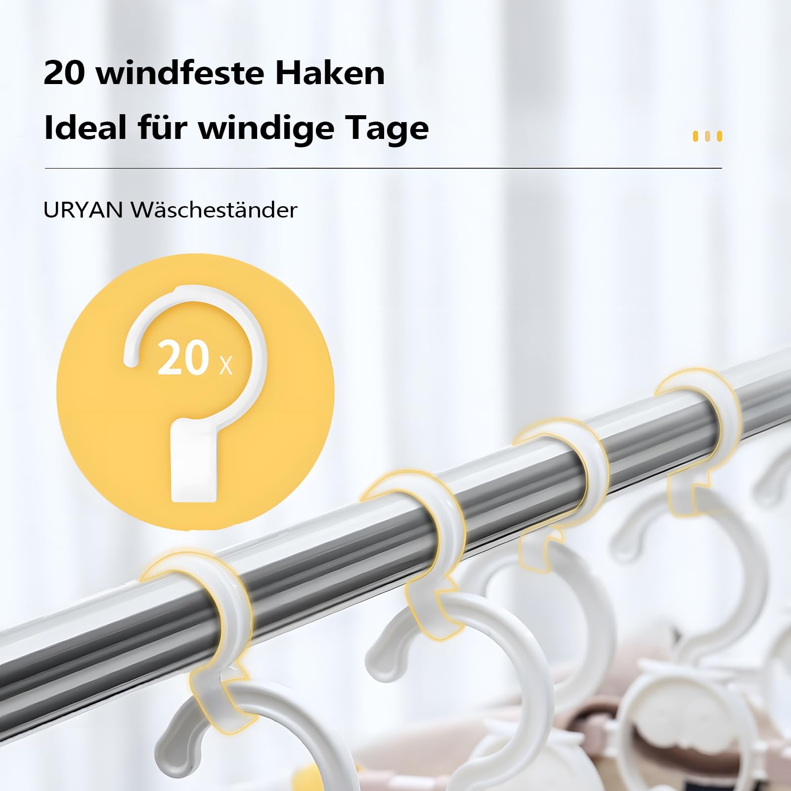URYAN 200cm Wäscheständer, Heavy Duty Edelstahl Trockenständer Klappbar für Innen- und Außenbereich, Tragbarer Wäscheständer Groß mit 20 Windfesten Haken, Freistehend und Stabil