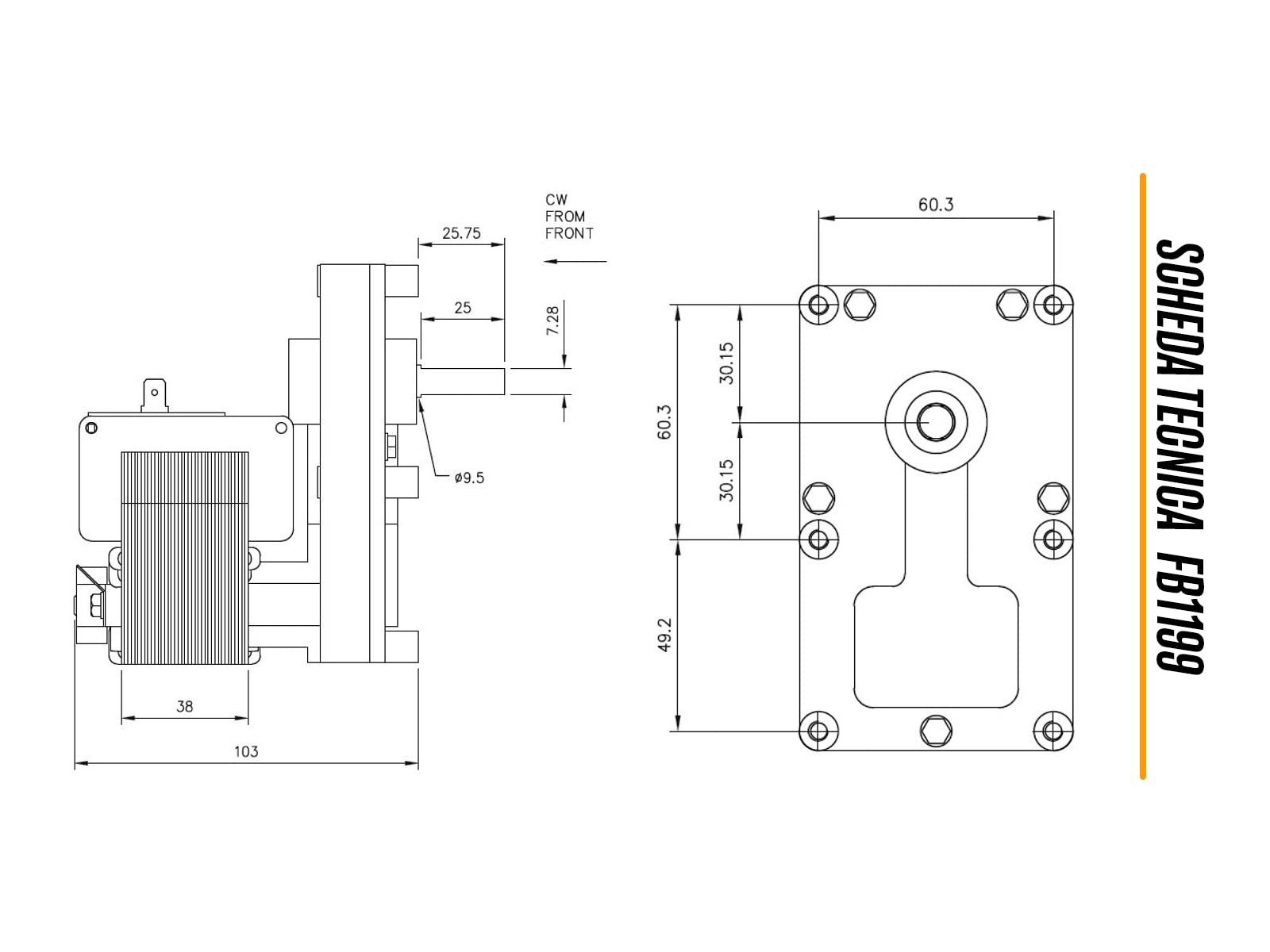 ERICAMBI, Motoriduttore FB1199 Mellor Serie T3 per Stufe a Pellet, Velocità 5,3rpm, Pacco Lamellare 38mm, Ø Albero 9,5mm, Senso di Rotazione Oraria, Spianatura Doppia