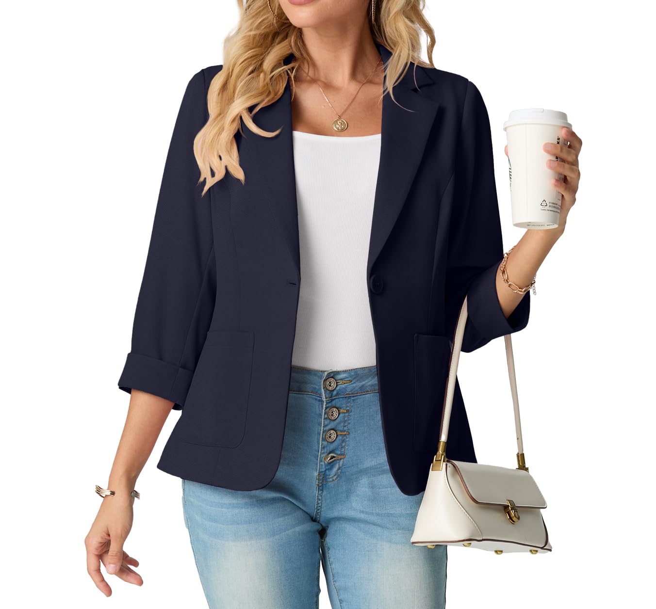 GRECERELLE Blazer élégant à manches 3/4 pour femme avec col à revers cranté - Veste de travail ou de bureau avec poches et bouton pour femme