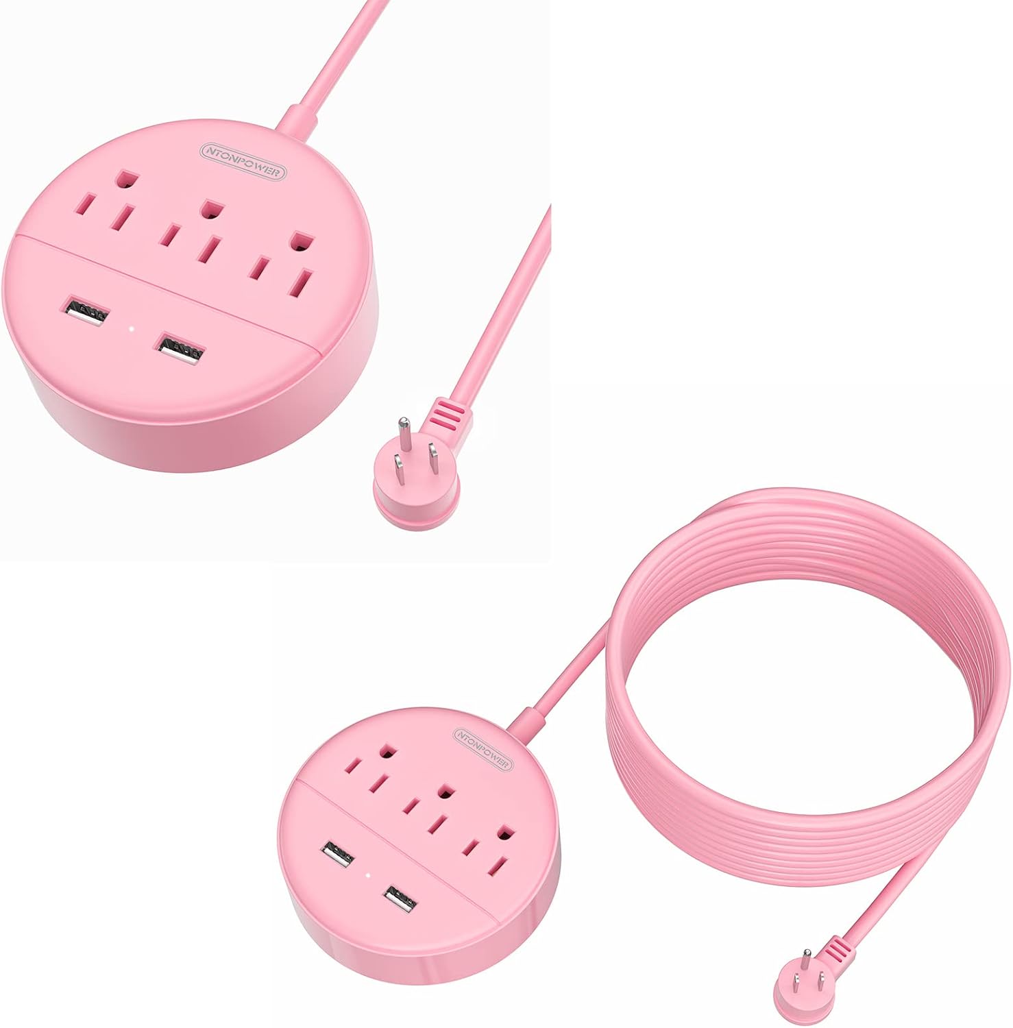 15FT and 5 FT Long Extension Cord Power Strip with USB Bundle, NTONPOWER Pink Charging Station with 3 Outlets and 2 USB, Travel Power Strip Flat Plug, Wall Mount for Home Office Dorm Room Cruise Ship