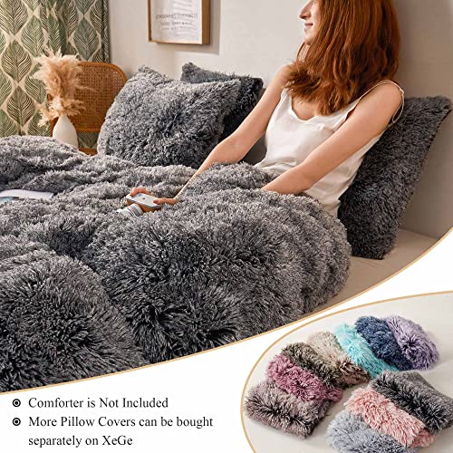 Xege Plush Shaggy Duvet Cover Set, Luxury Ultra Soft Crystal Velvet Fluffy Bedding Sets 3 Pieces(1 Furry Faux Fur Comforter Cover + 2 Fuzzy Faux Fur Pillow Cases), Zipper Closure(Queen, Black Ombre) #TOP5
