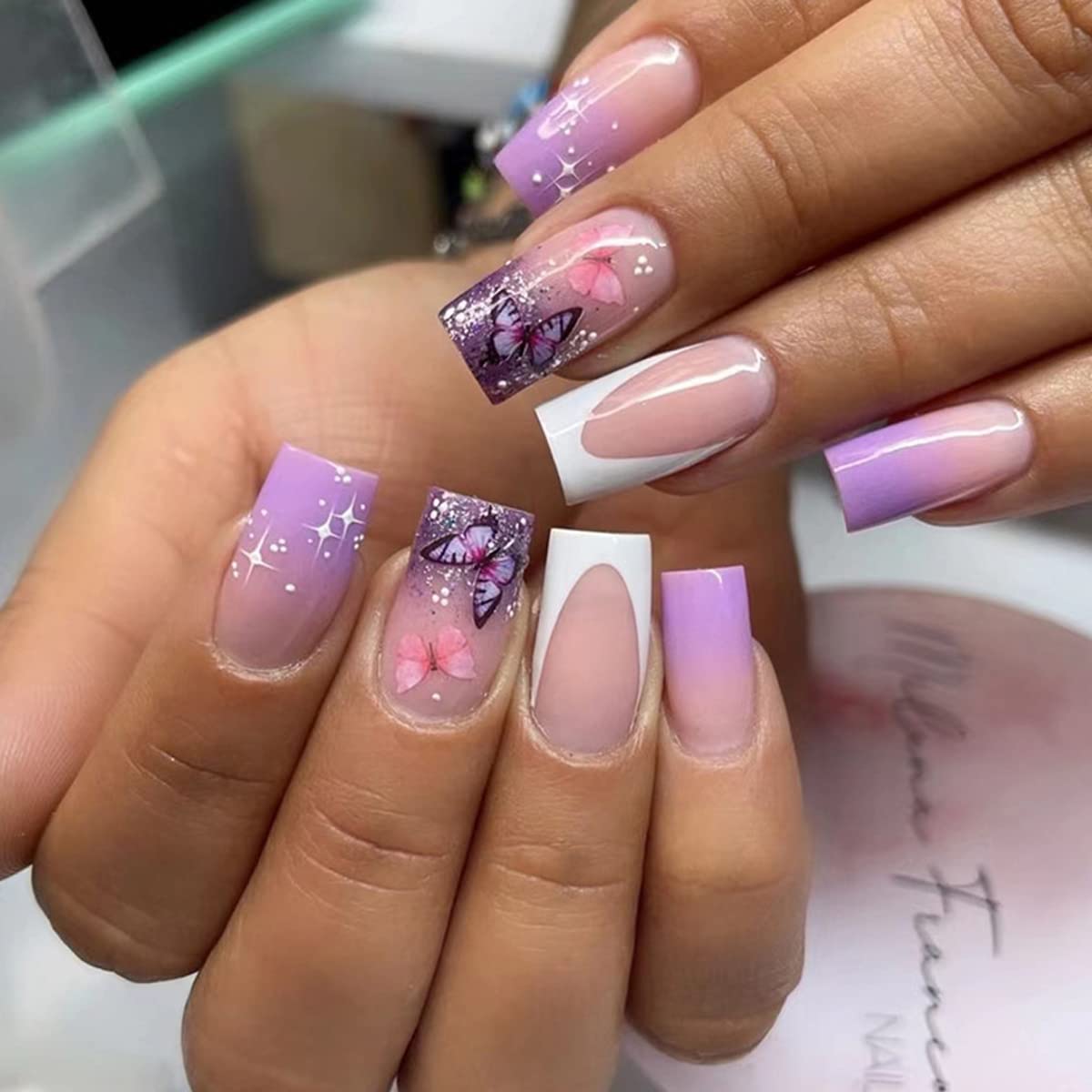 24pcs French Tip Press on Nails Medium Square Fake Nails