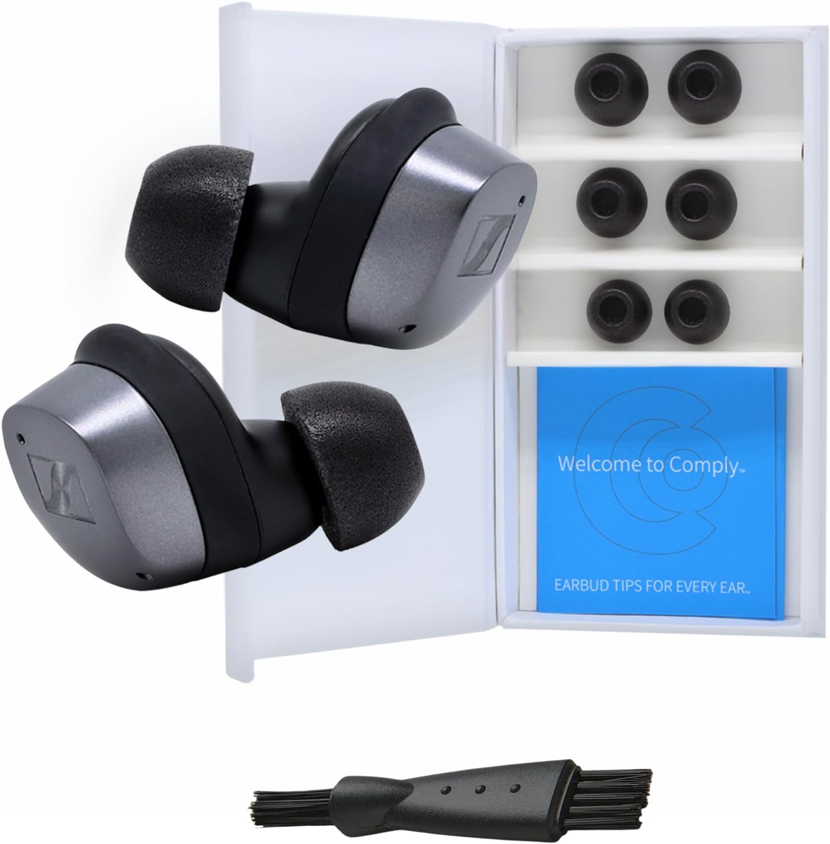 TrueGrip | Premium Memory Foam Replacement Earbud Tips for Sennheiser Momentum 3, 4, ACCENTUM | Enhanced Comfort, Secure Fit, Superior Noise Isolation, Cleaning Tool | Black (S/M/L) (3 Pairs)