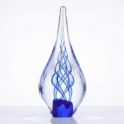 Vista 9 de Hand Blown Glass Sculpture, Murano Style Decor, Aqua Glass Art Collection Figurines, Teardrop Decorative Statue for Office Shelf, Unique Teardrop