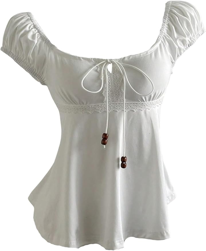 Milumia Women's Puff Short Sleeve Peplum Top Lace Square Neck Tie Front Ruffle Hem Summer T Shirt fashion product photo