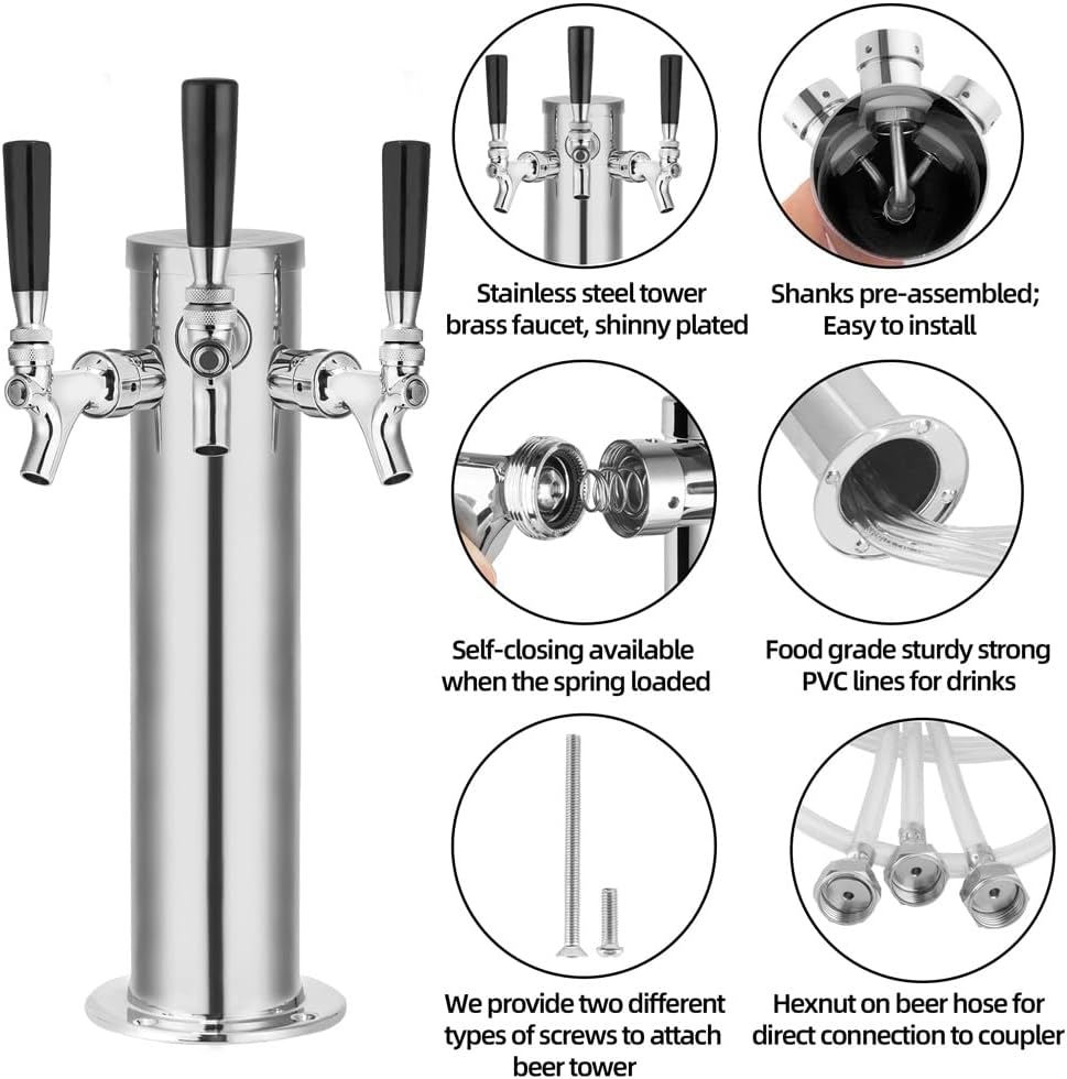 TMCRAFT Triple Faucet Draft Beer Tower Dispenser, Polished Stainless Steel Beer Tower Dispenser Kit with Pre-Assembled Tubing and Self-Closing Faucet Shanks for Parties, Bars, Pubs, and Restaurants