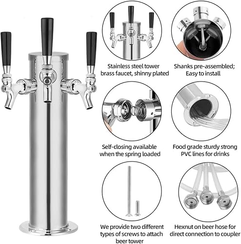 Miniatura 4 de TMCRAFT Dispensador de torre de cerveza de barril de triple grifo, kit dispensador de torre de cerveza de acero inoxidable pulido con tubo