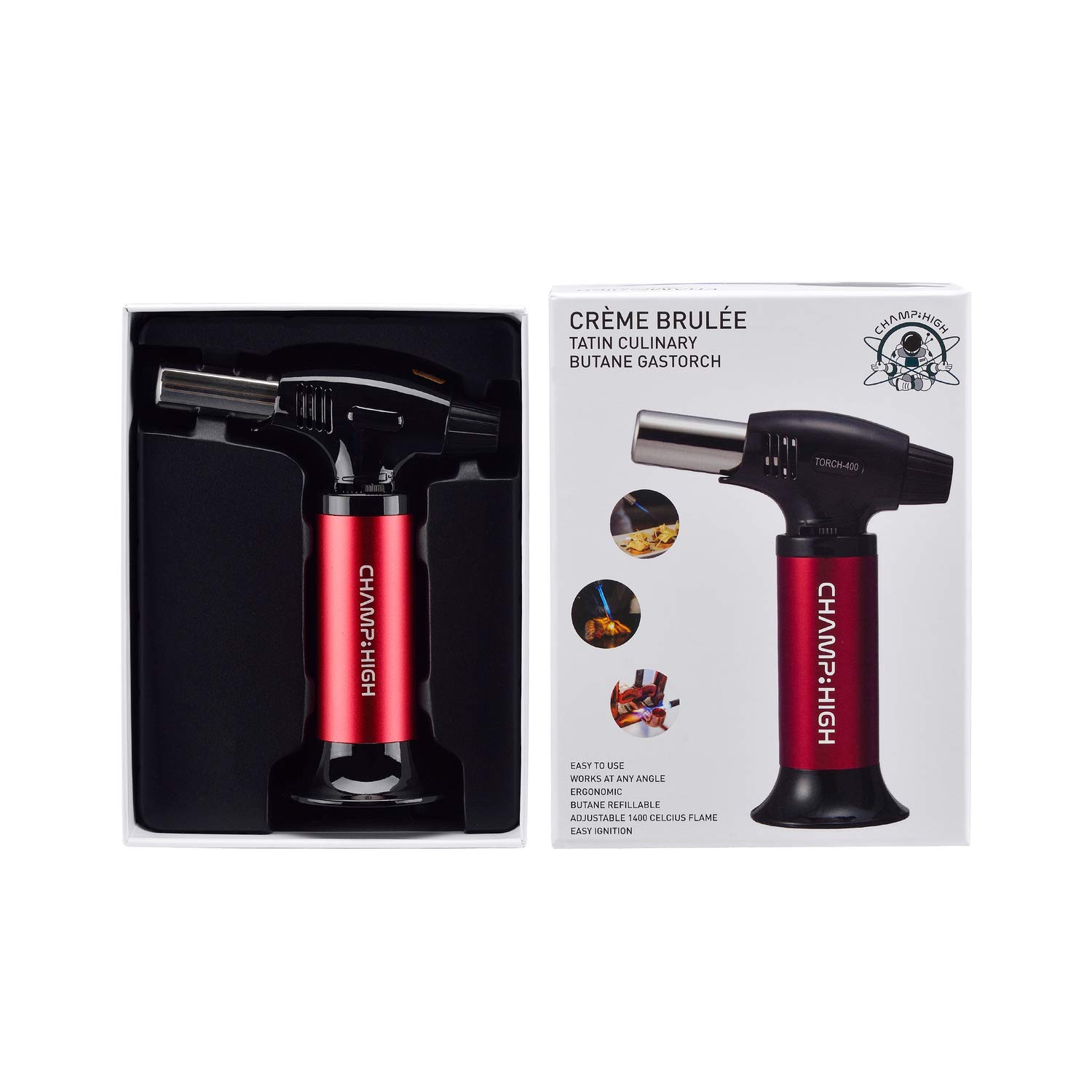 Chalumeau de Cuisine essionnel - Brûleur de Cuisine 15,5 cm - Flamme Réglable - Crème Brûlée, les Pâtisseries, les Desserts, le Camping - métal - Rouge