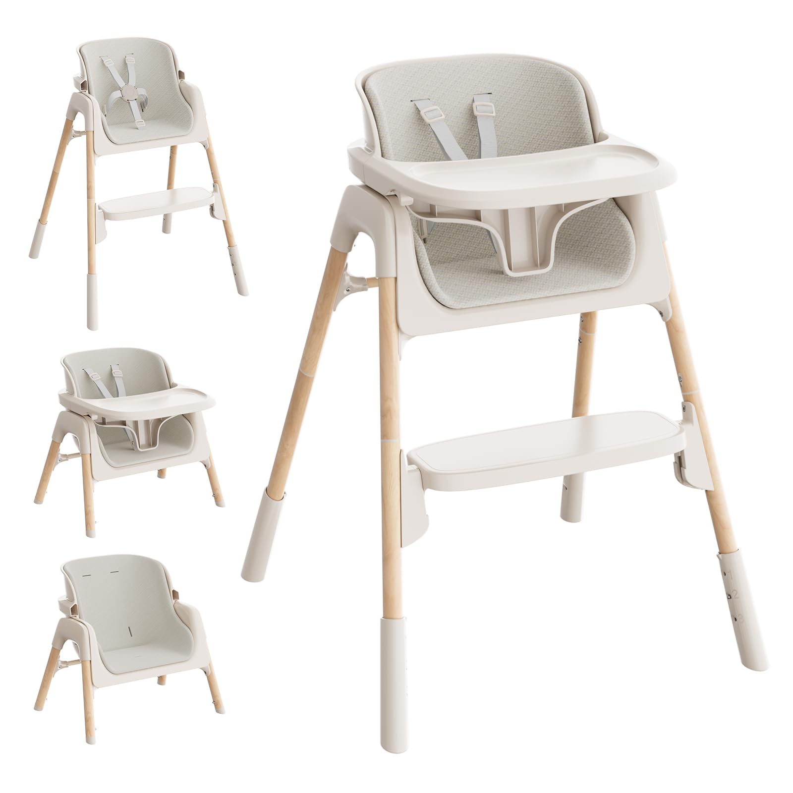 Mloong High Chair for Babies and Toddlers - Adjustable 4-in-1 Baby High Chairs with Dishwasher Tray, Easy Clean Highchair, Beige