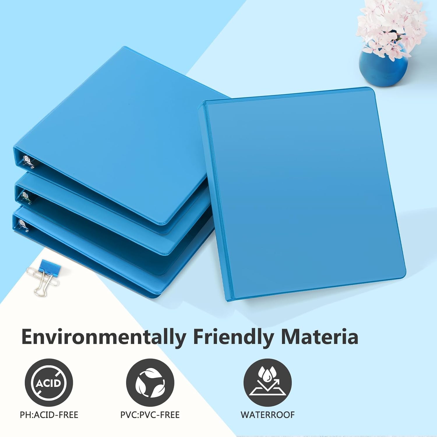 ViVin Sturdy 1 Inch D Ring Binders, 3 Ring Binders with 2 Pockets, Hold 225 Sheets of US Letter Size Paper for Office,Home,School, 6 Pack (Light Blue)