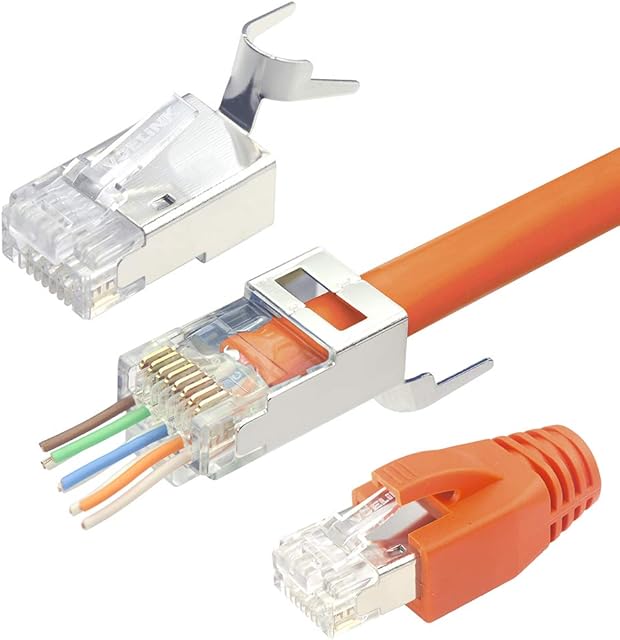 VCELINK Gen 2 RJ45 Connector Pass Through Shielded Cat7 Cat6A Network Plug 8P8C Shielded Gold Plated for Installation Cable with Load Bar and RJ45 Boots Cover 10Pack