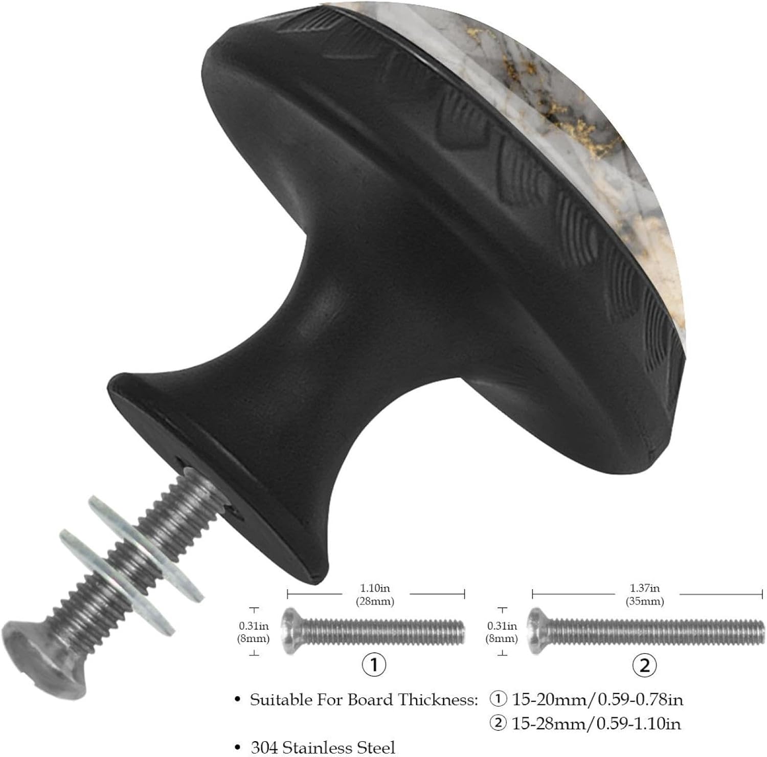 Black Marble Texture (1) Home Use Drawer Knobs, Sturdy Glass Cabinet Pulls with Complete Screws