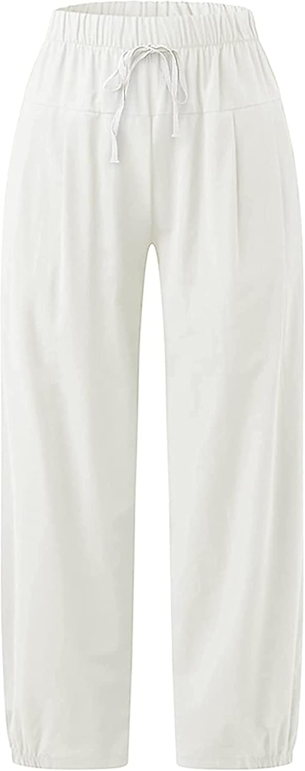 Women's Summer Capri Pants Elastic High Waist Drawstring Wide Leg Cotton Linen Work Pants with Pockets - Image 4