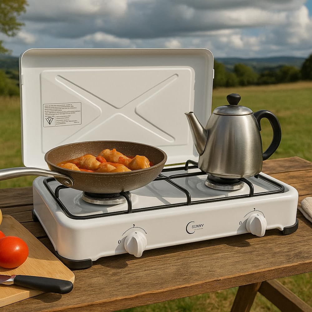 Hornillo de Gas portátil 2 Fuegos - Control de Llama - Estufa de Camping compacta con Tapa - Ideal para Camping, Exterior y Viajes - 4 Patas de Goma Antideslizantes - Color Blanco