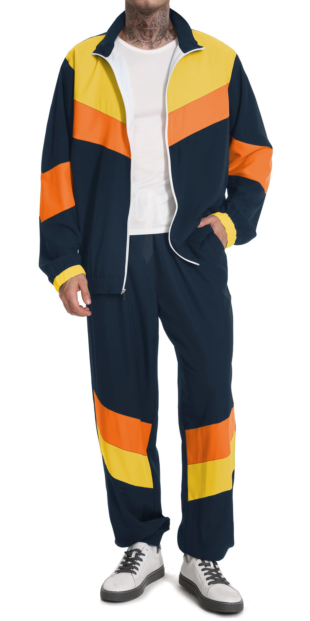 UOUA 80s Outfit Men 90s Tracksuit Costumes Halloween 70s Windbreaker Jacket Track Suit 2 Piece Hip Hop Set