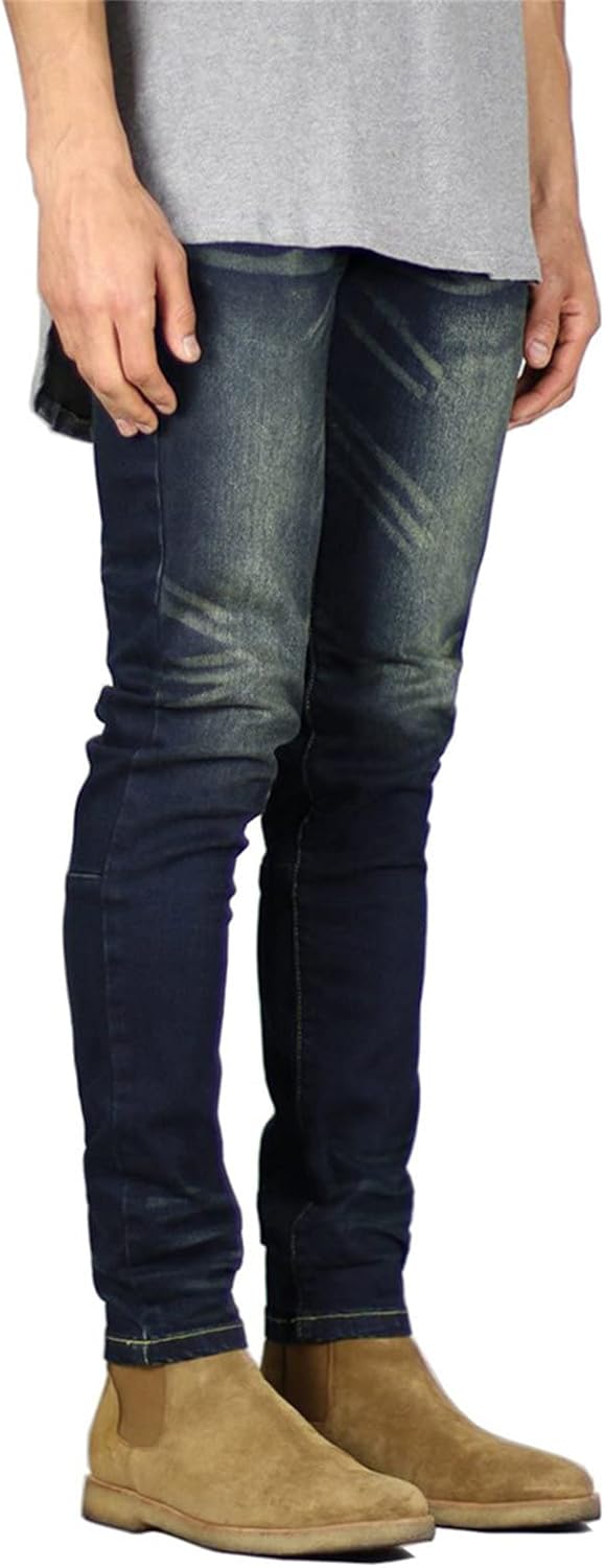 JEsilunmaMY Slim Fit Denim Pants for Men Mid Waist Distressed Stretch Skinny Pencil Jeans Washed Boyfriend Jean Trousers
