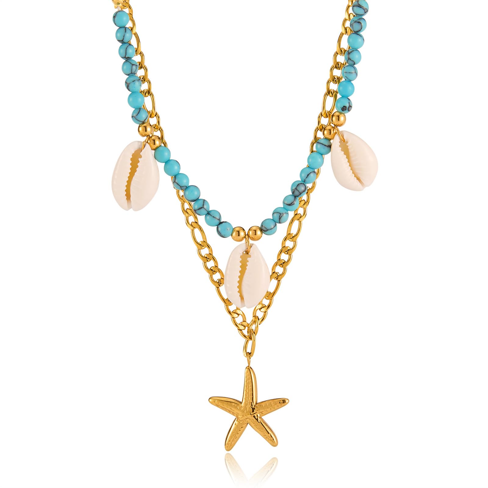 HDKXBEJ Gold Starfish Layered Necklaces for Women Summer Sea Shell Charm Necklace Unique Stainless Steels Pendant Ocean Necklace Fashion Aesthetic