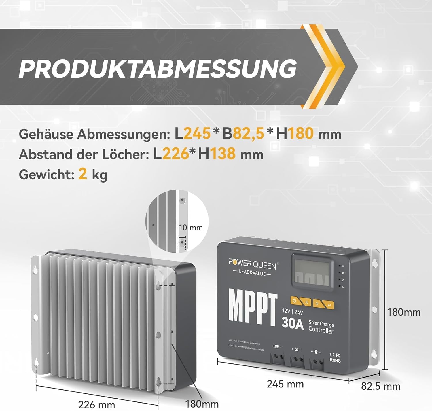 Power Queen 12/24V 30A MPPT Solarladeregler, Max 900W Eingangsleistung, eingebautes Bluetooth Modul, LCD Display, Standard für LiFePO4 Batterie und kompatibel mit versiegelten, Blei-Säure Batterien