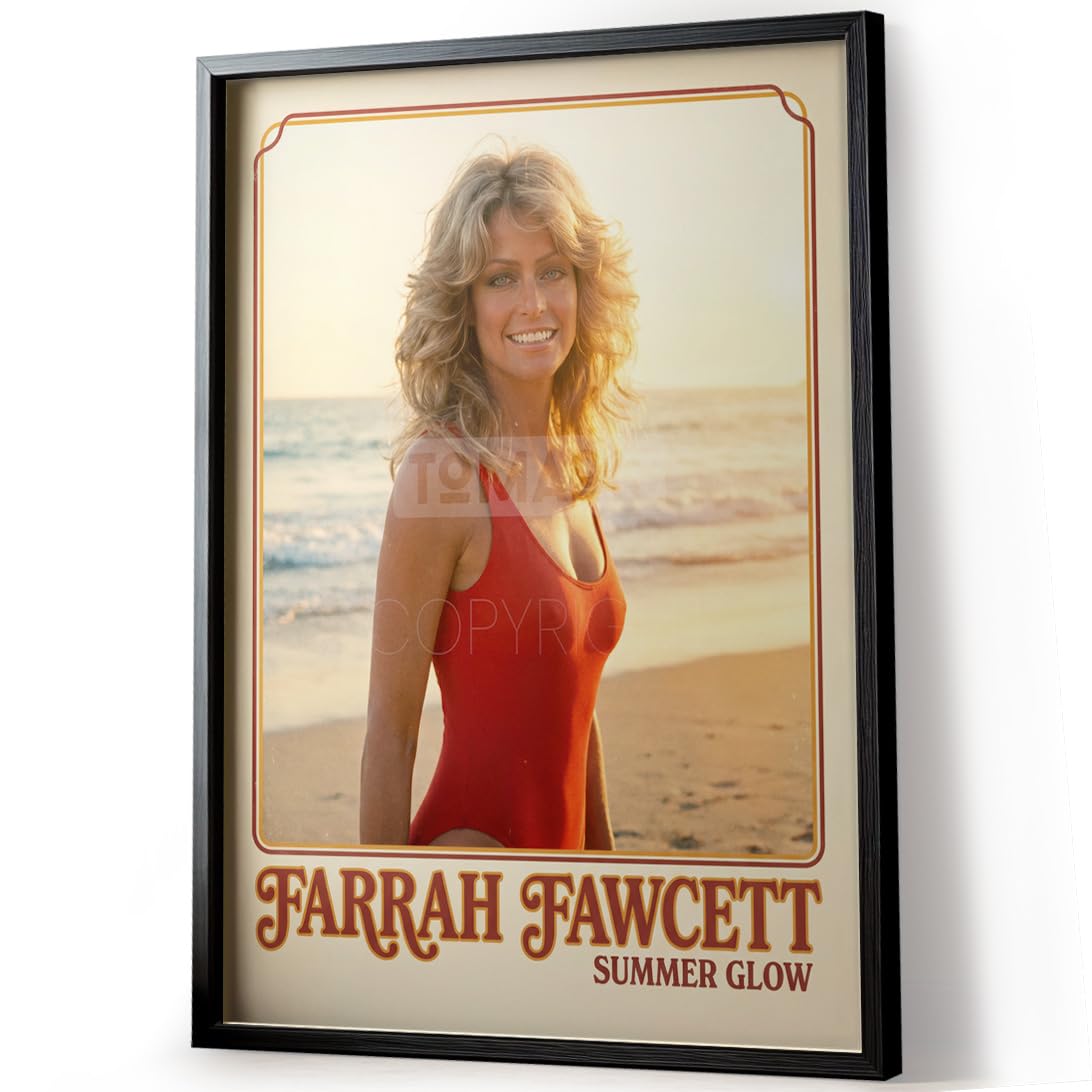 Tomaok® - Plakat z nadrukiem plakatowym (bez ramki) Farrah Fawcett kultowy w czerwonej koszulce, retro glamour portret, California Vintage Deco